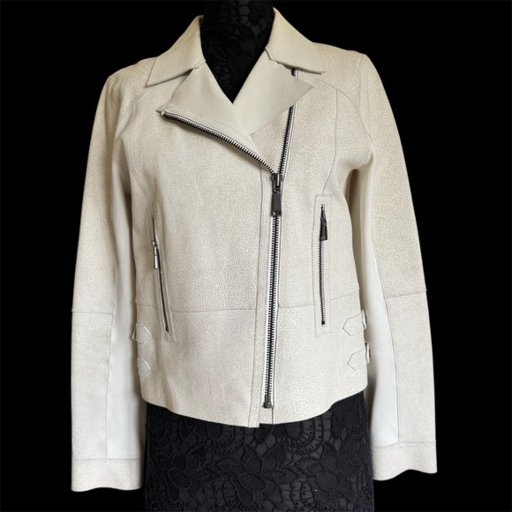 Elie Tahari White Lamb Leather Moto Biker Jacket Medium NWOT